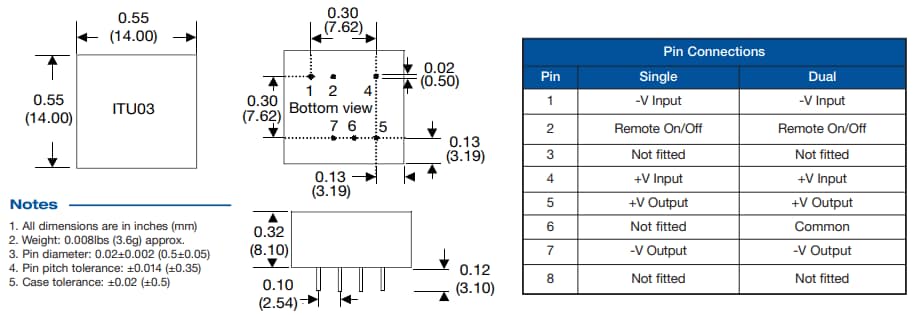 Mechanical Drawing - XP Power ITU03 3W Regulated DC-DC Converters